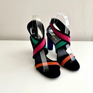 NEW BALMAIN Multi Suede Colorblock Strappy Metal Heel Sandals Size 38